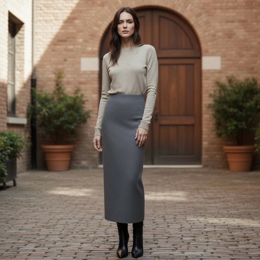 Zara Gray Midi Pencil Skirt‎ High Waisted Back Slit Minimalist Workwear Size XL